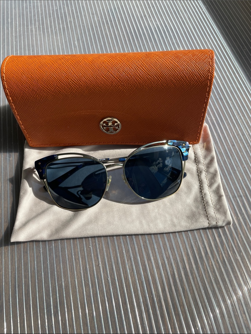 Tory Burch Blue Lens Cat-Eye Sunglasses with Orange Logo Case